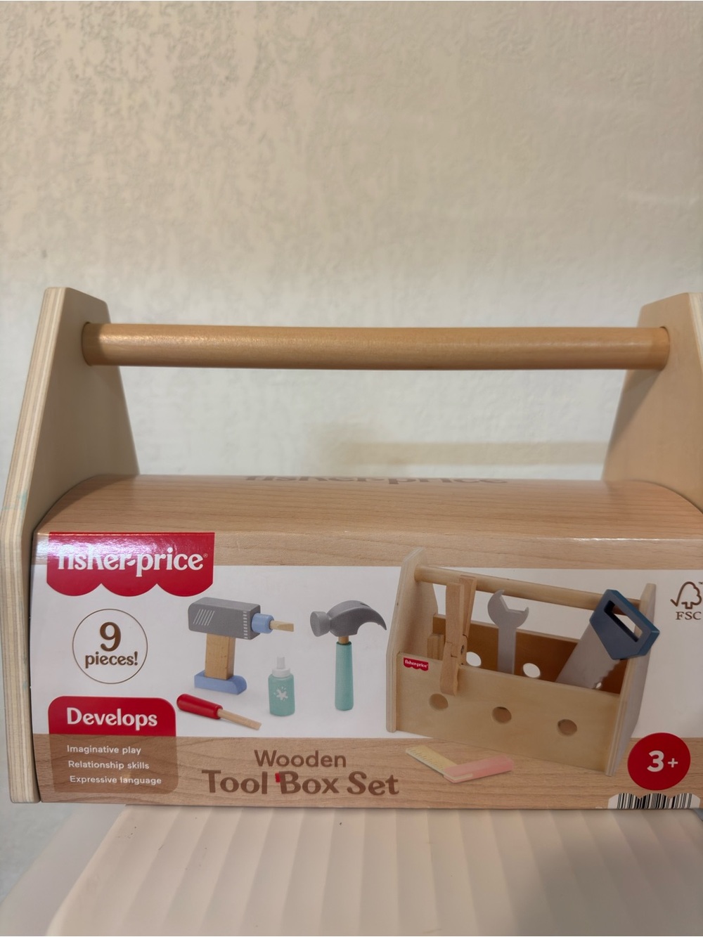 Fisher-Price Natural Wood and Blue Kids Wooden Tool Box Set